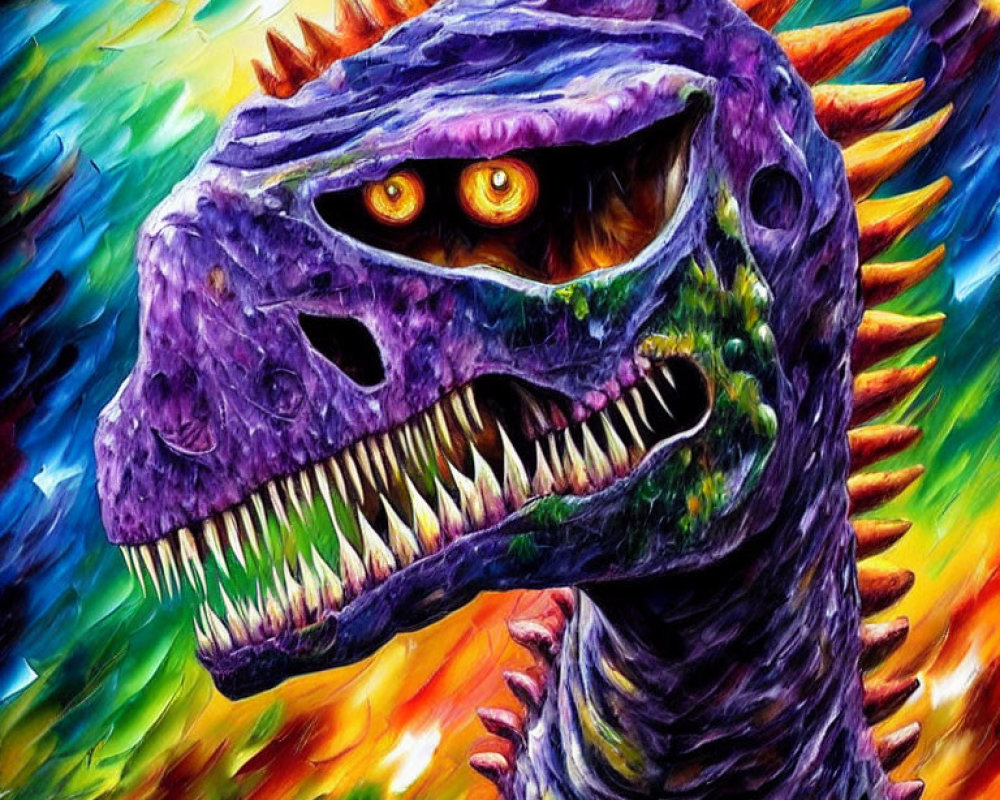 Vibrant dinosaur head illustration with fiery eyes and multicolored spikes