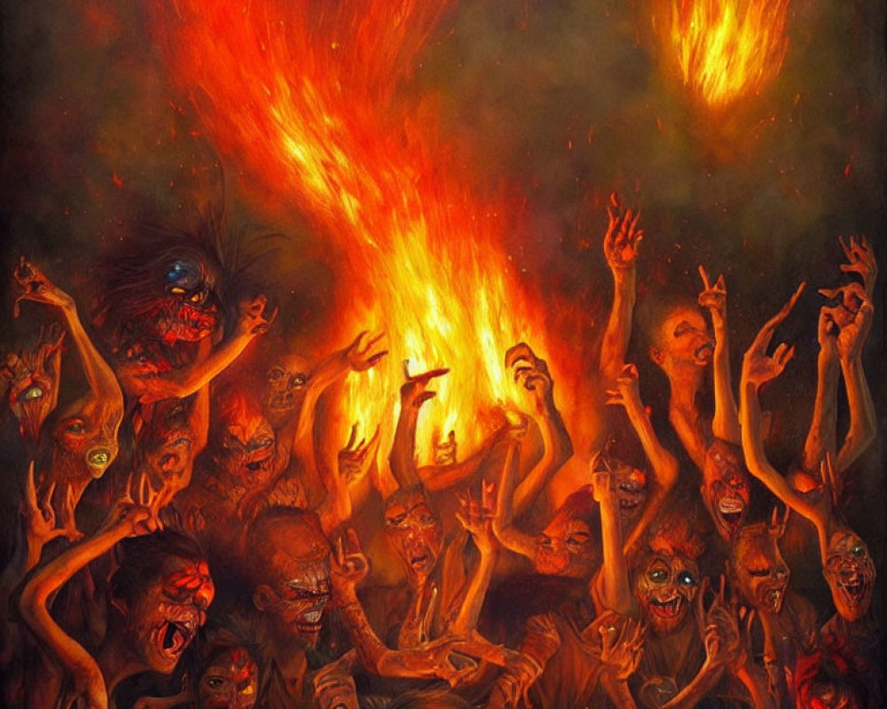 Grotesque creatures in fiery agony against dark backdrop