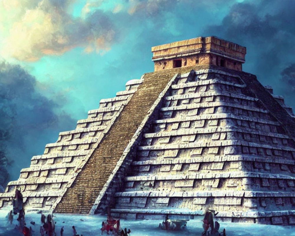 Ancient Mesoamerican pyramid with steps under dramatic sky and people gathered.