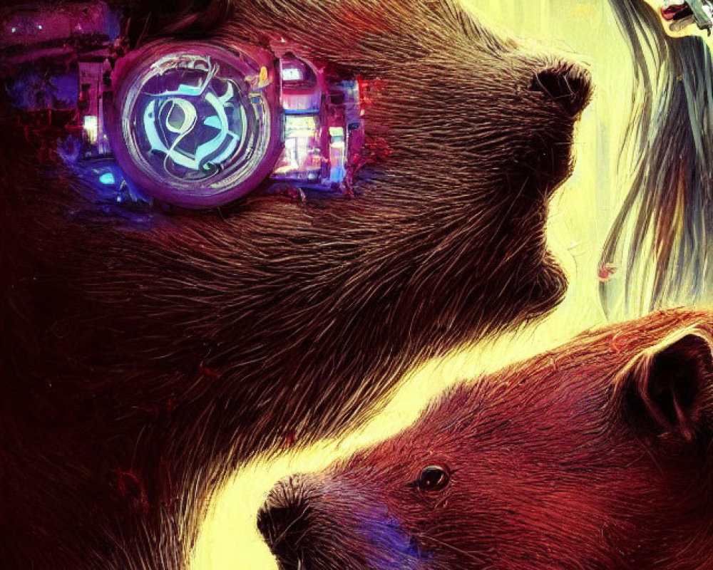 Colorful artwork: cybernetic bear, regular bear, and half-human, half-robotic