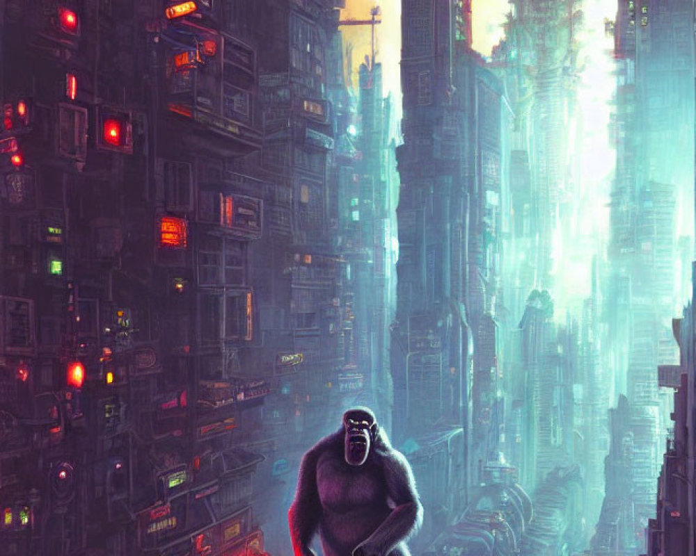 Brooding gorilla in neon-lit city ruins at dusk with fiery clouds