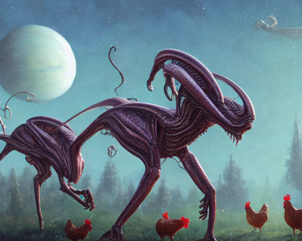 Misty forest scene with alien creatures, chickens, moon, and distant planet