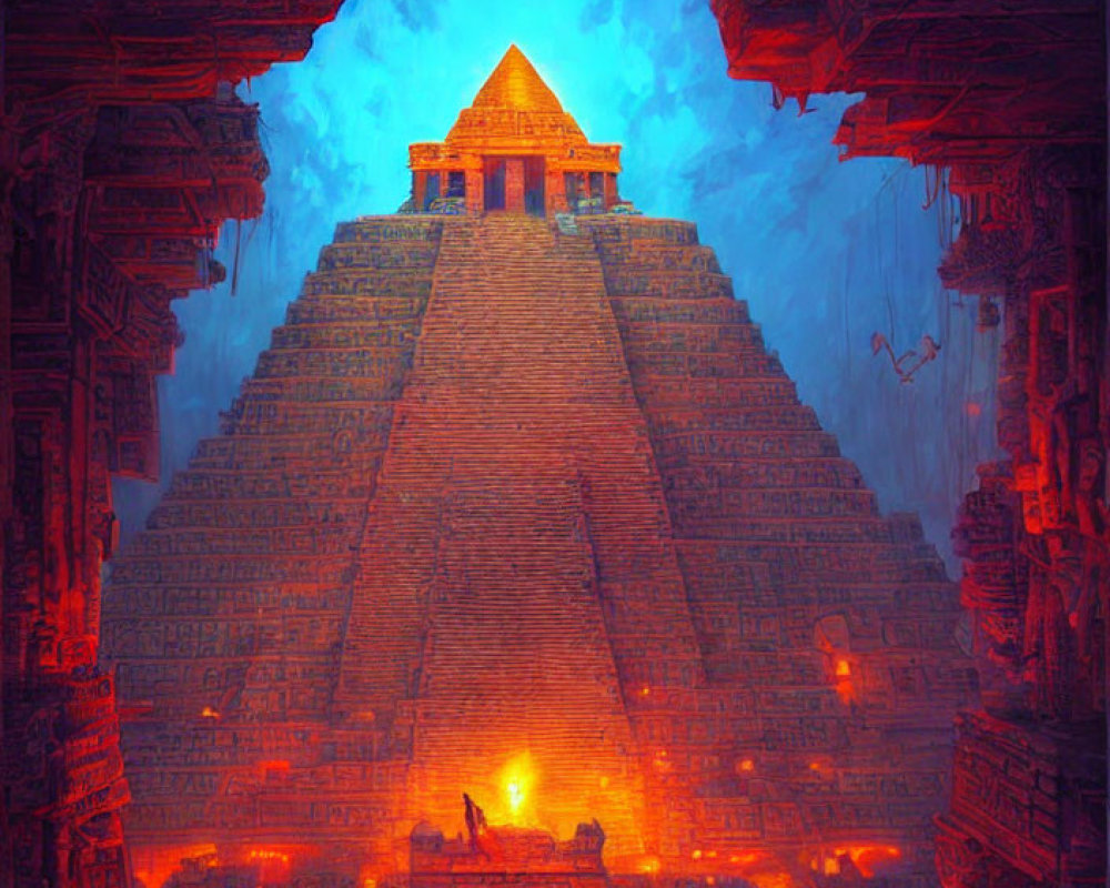 Ancient Mesoamerican pyramid at twilight with glowing orange lights