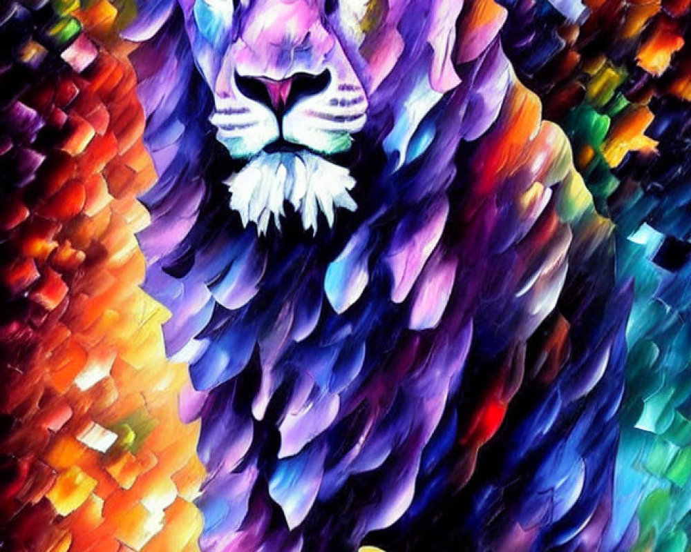 Vibrant abstract lion painting with mosaic-like pattern in rich hues