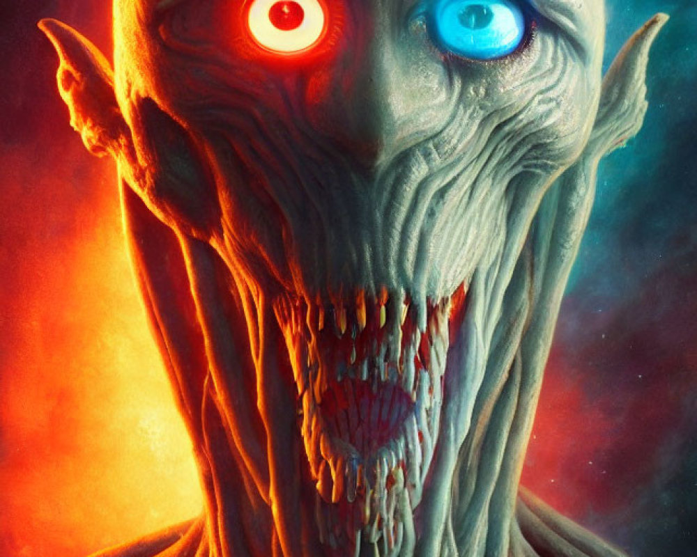 Grotesque creature with red and blue eyes, sharp teeth, and glowing orb