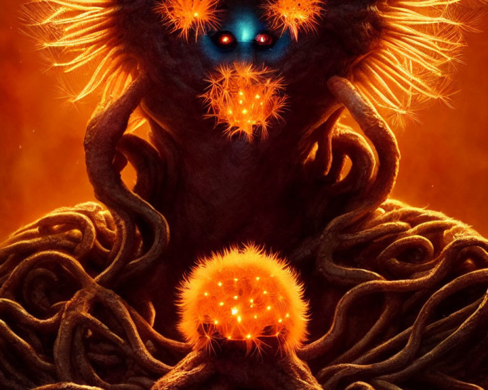 Fantastical creature with glowing blue eyes and fiery mane holding luminous orb