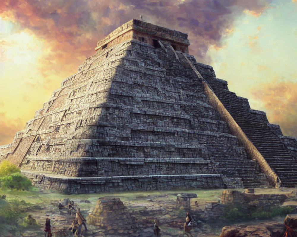 Ancient Mesoamerican Pyramid Amidst Ruins with People and Cloudy Sky