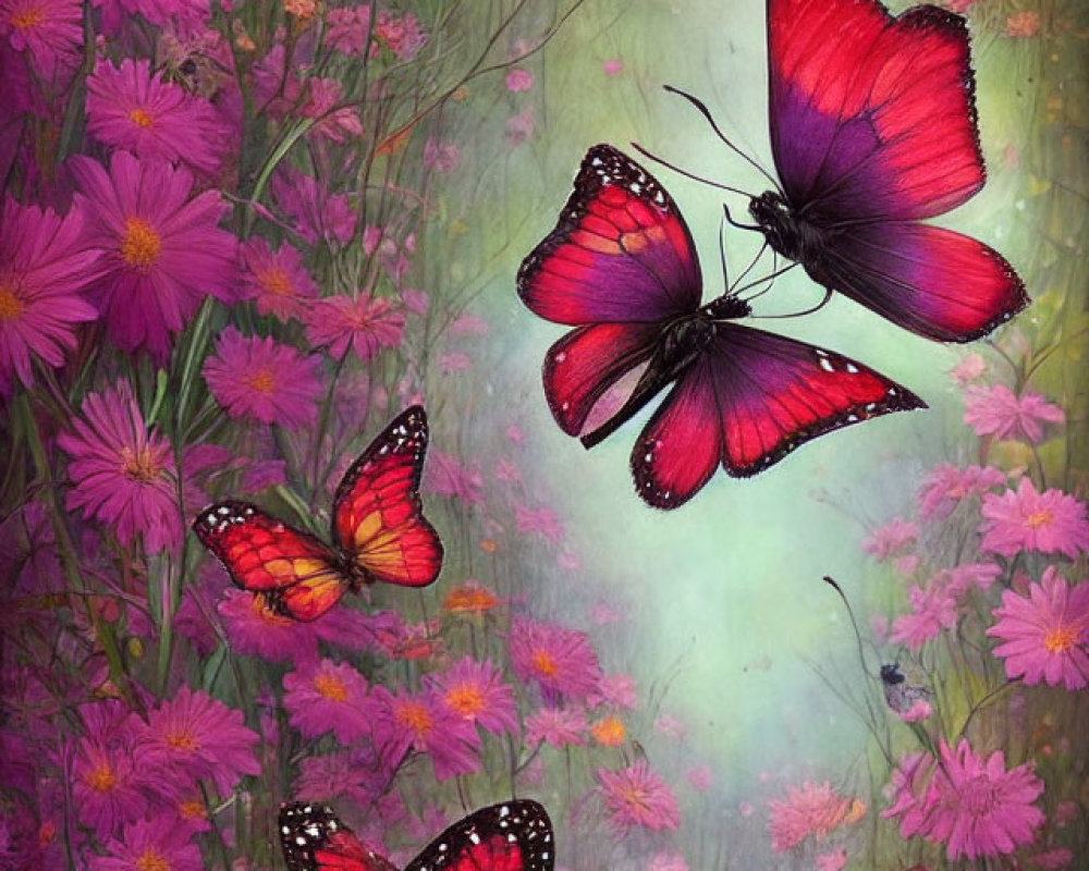 Colorful butterfly art among purple flowers in mystical setting