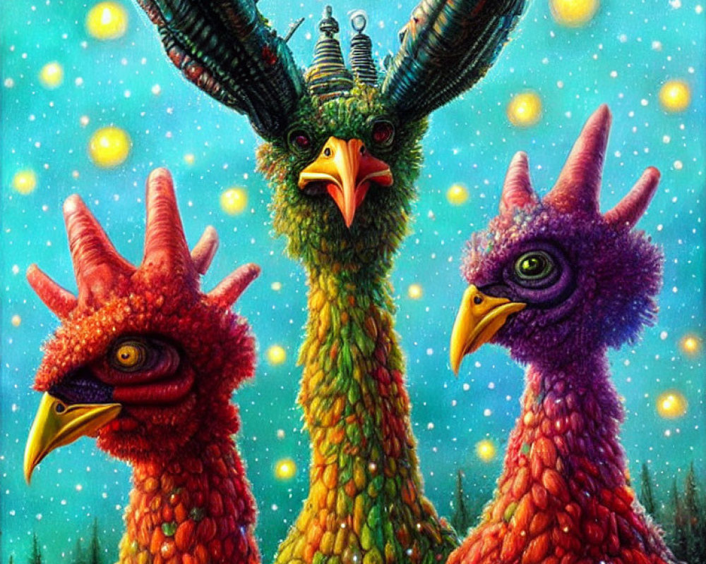 Colorful Fantastical Birds Against Starry Sky Background