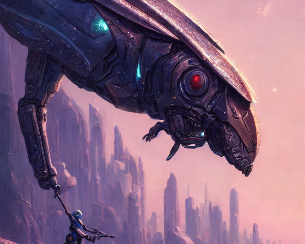 Futuristic humanoid figure with giant mechanical bird in purple cityscape