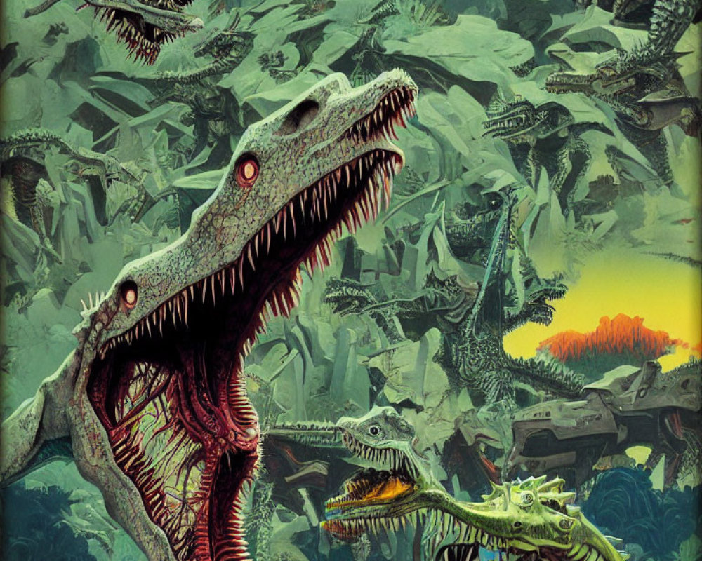 Colorful Dinosaur Collage in Prehistoric Jungle with Volcanoes