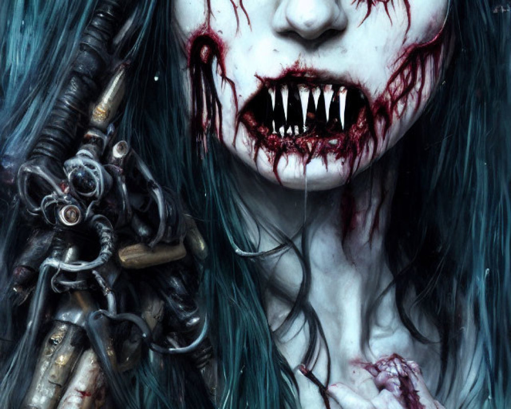 Blue-haired character with sharp teeth and yellow eyes holding a menacing weapon