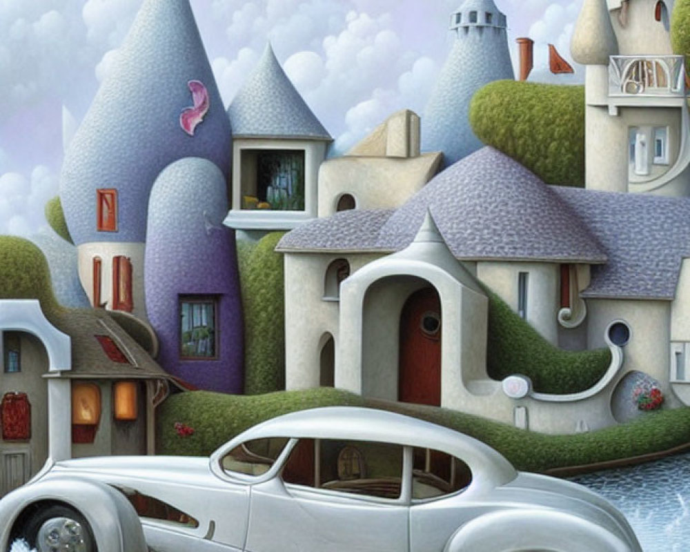 Vintage car parked on cobblestone street beside whimsical houses under serene sky