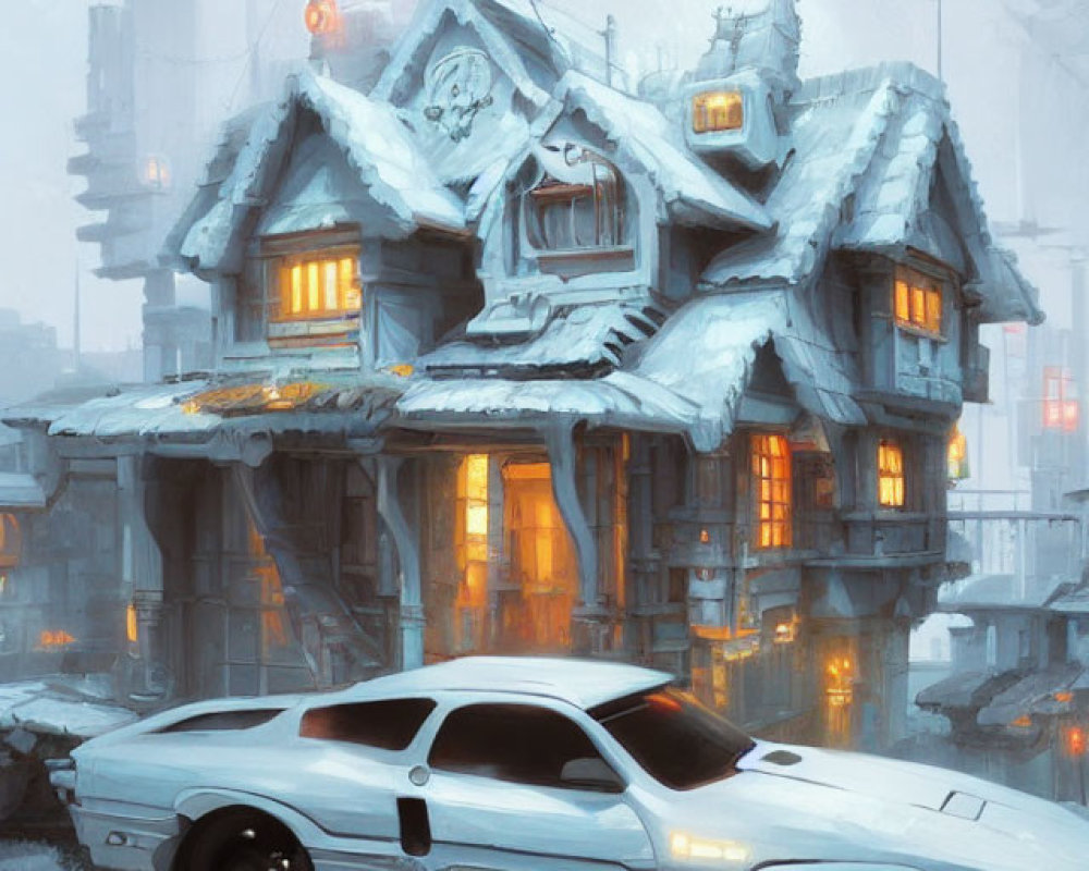 Futuristic car parked in front of snow-covered house