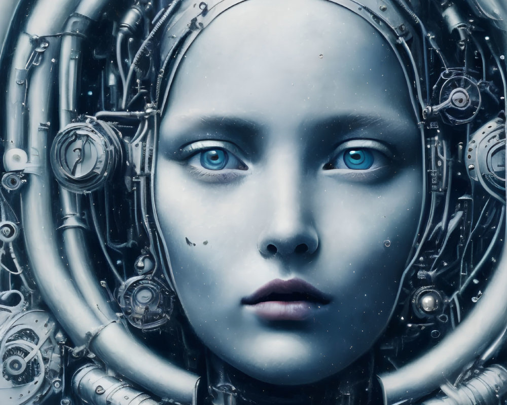 Detailed Illustration of Female Android with Blue Eyes and Pale Skin