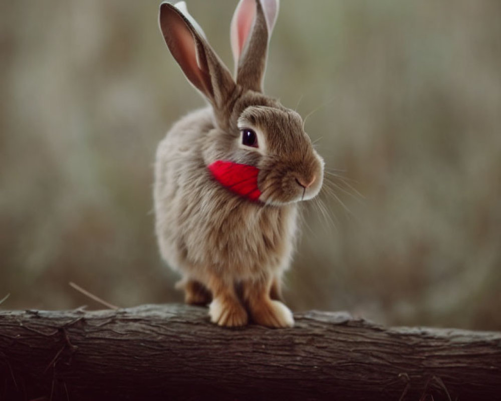 Brown Rabbit Wearing Red Bandana Sitting on Wooden Log