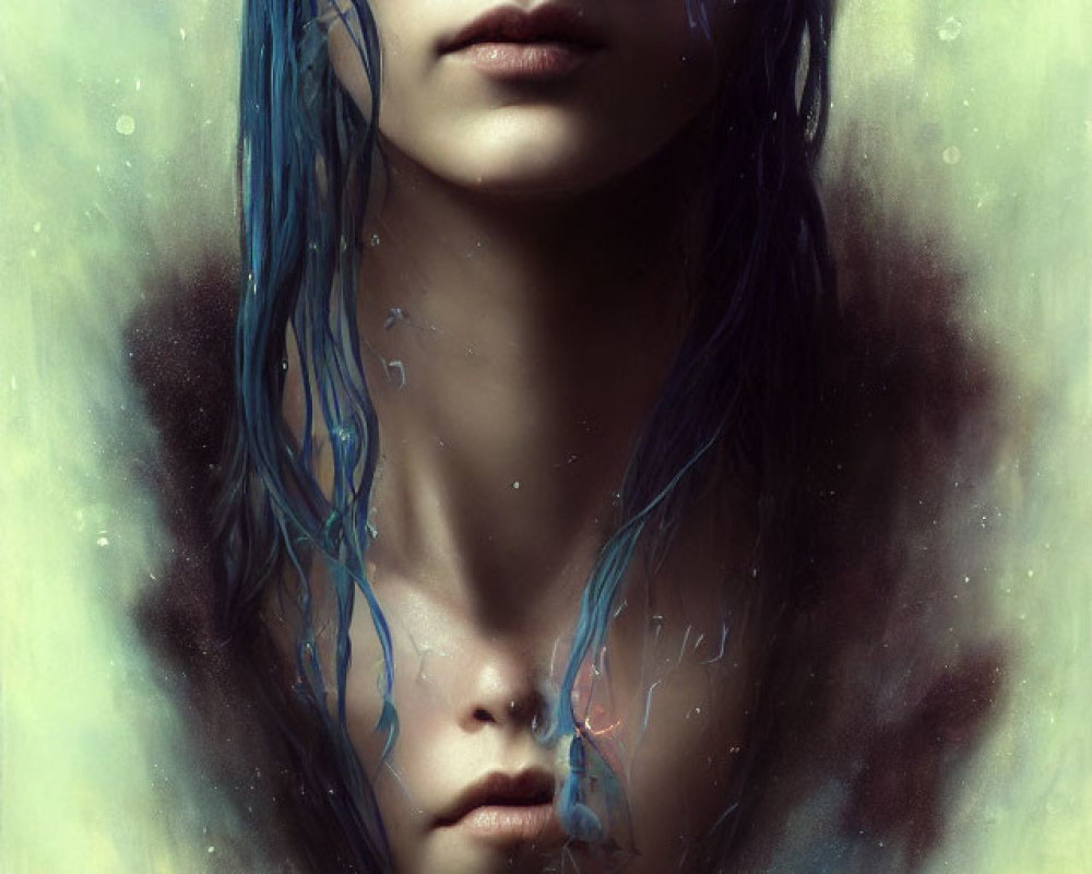 Portrait of a person with blue skin and ethereal ornaments