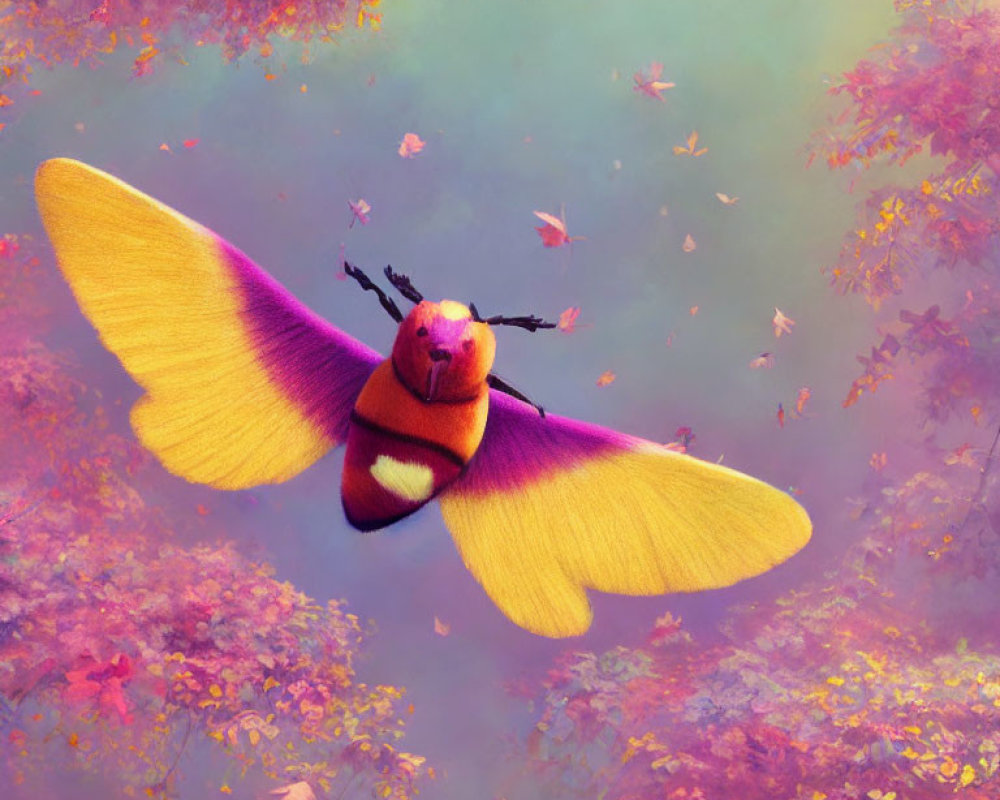 Colorful illustration: Large yellow moth flying in vibrant landscape