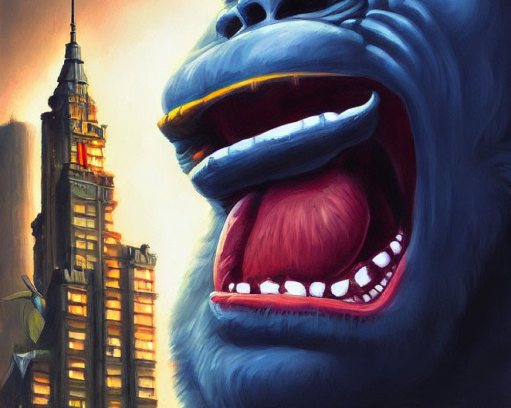 Giant ape roaring next to tall building in dramatic lighting