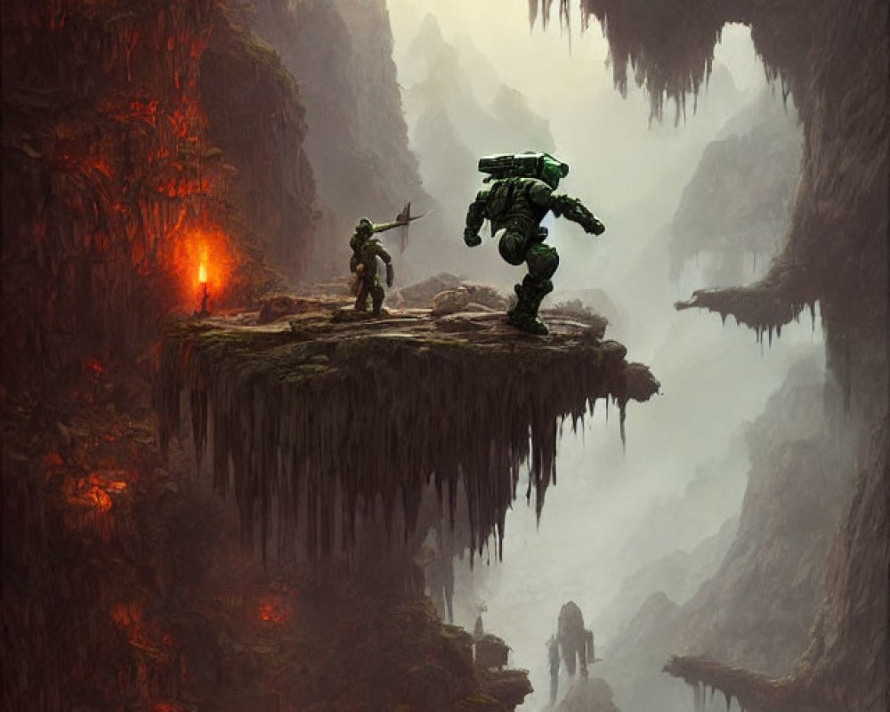 Armored figures on cliff with torch, stalactites, foggy abyss