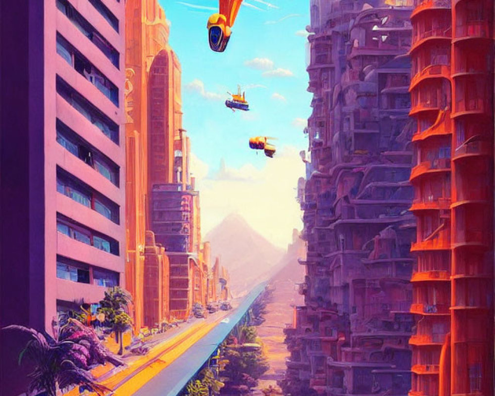 Futuristic cityscape with flying cars, skyscrapers, moon, and colorful sunset sky