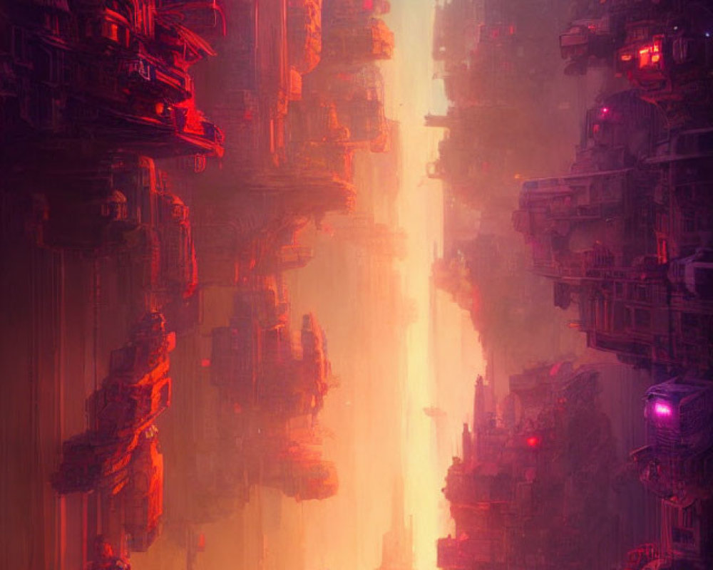 Mysterious figure in futuristic cityscape with glowing chasm