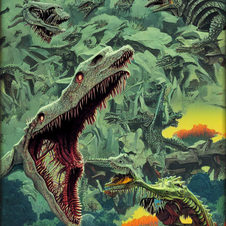 Colorful Dinosaur Collage in Prehistoric Jungle with Volcanoes