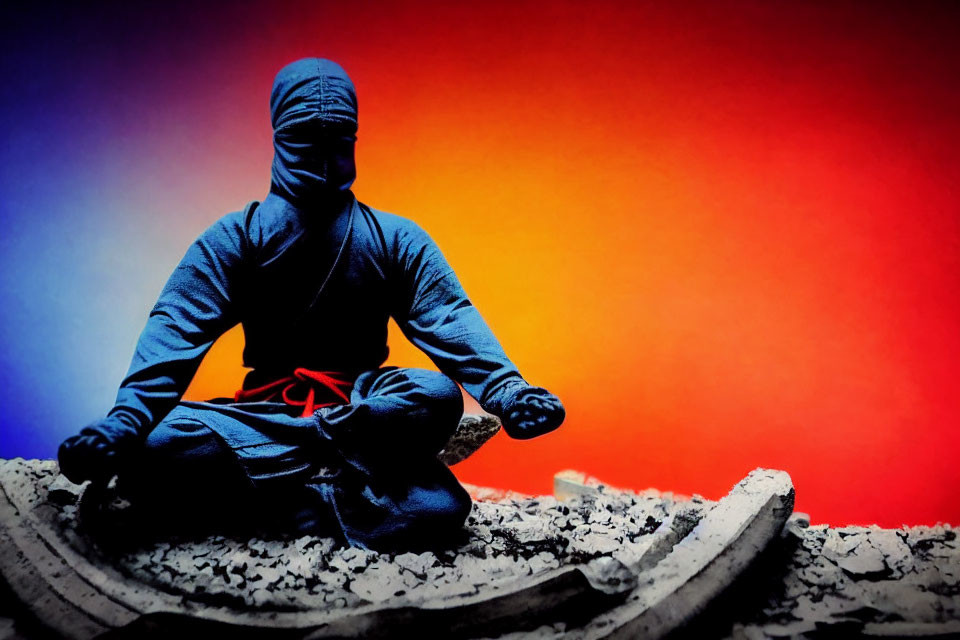 Blue Ninja Figure Sitting Cross-Legged on Rocky Surface