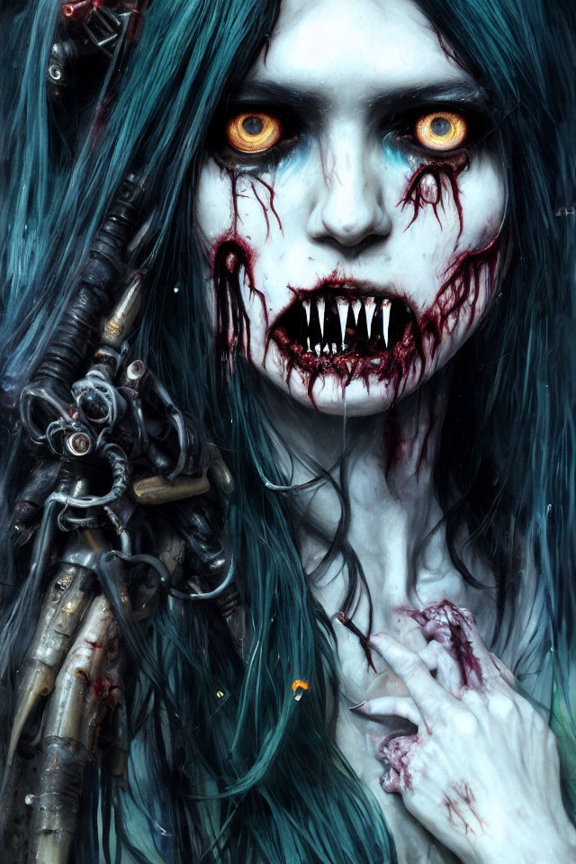 Blue-haired character with sharp teeth and yellow eyes holding a menacing weapon