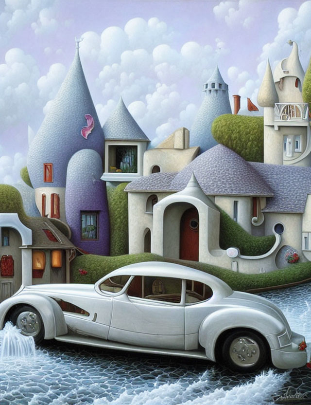 Vintage car parked on cobblestone street beside whimsical houses under serene sky