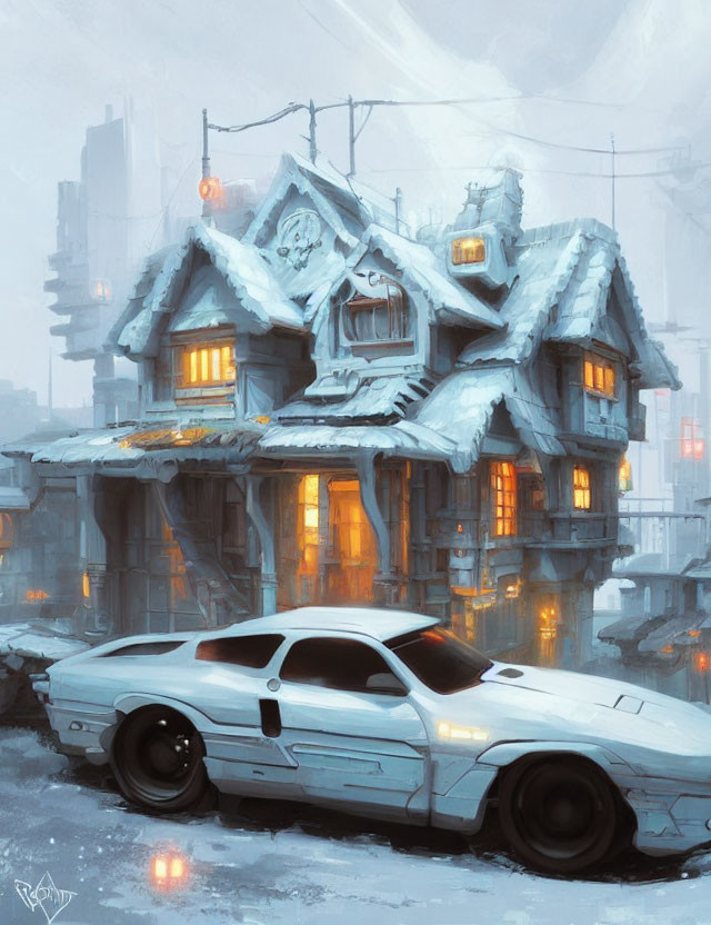 Futuristic car parked in front of snow-covered house