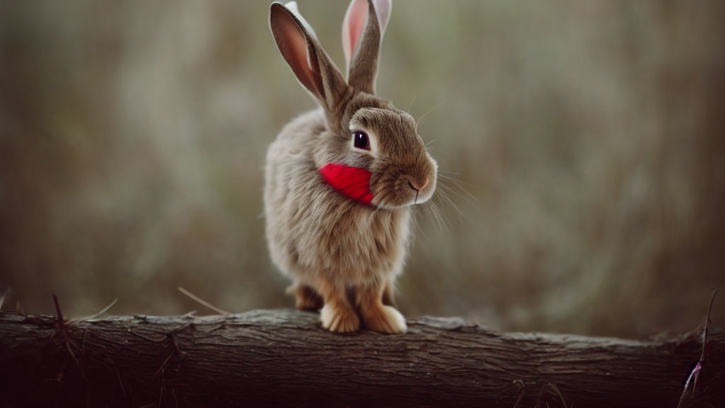 Brown Rabbit Wearing Red Bandana Sitting on Wooden Log