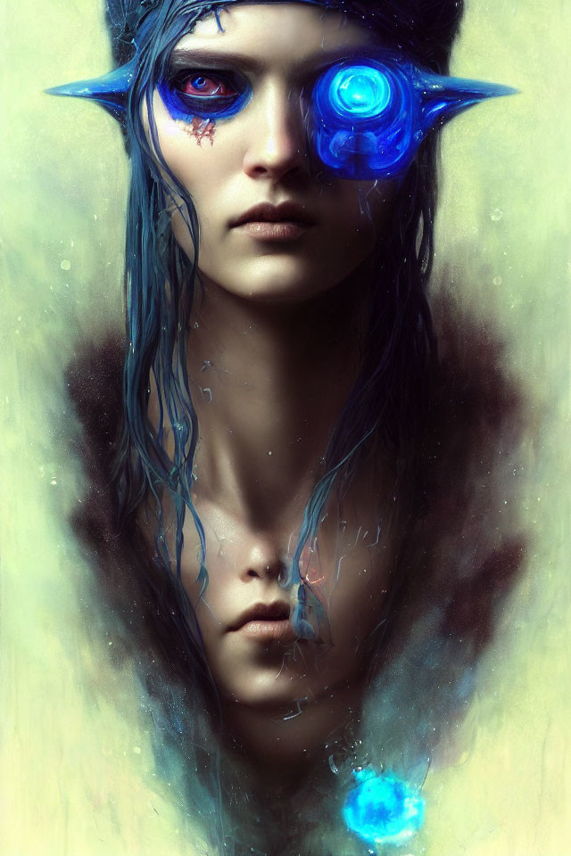 Portrait of a person with blue skin and ethereal ornaments