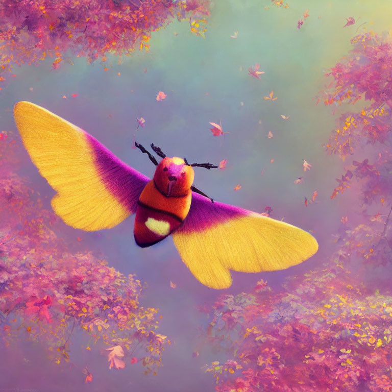 Colorful illustration: Large yellow moth flying in vibrant landscape