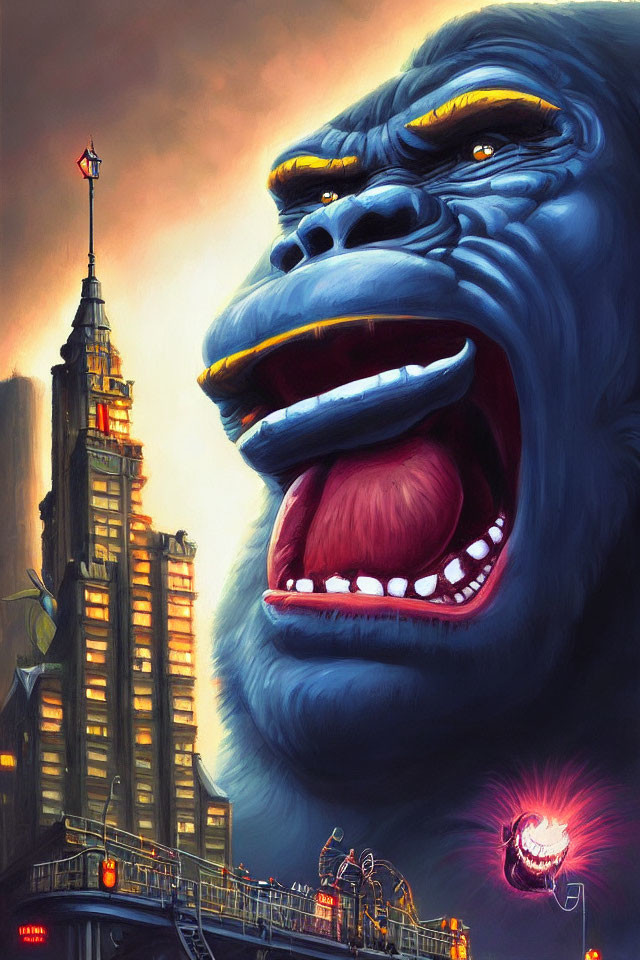 Giant ape roaring next to tall building in dramatic lighting