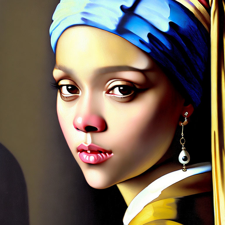 Digital reinterpretation of iconic painting with young woman in blue headscarf and earring