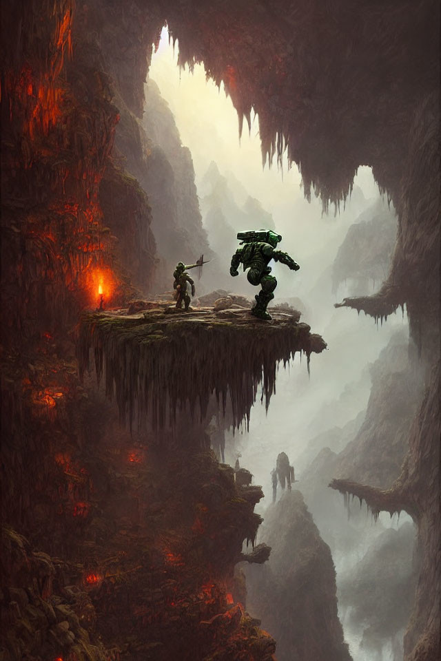 Armored figures on cliff with torch, stalactites, foggy abyss