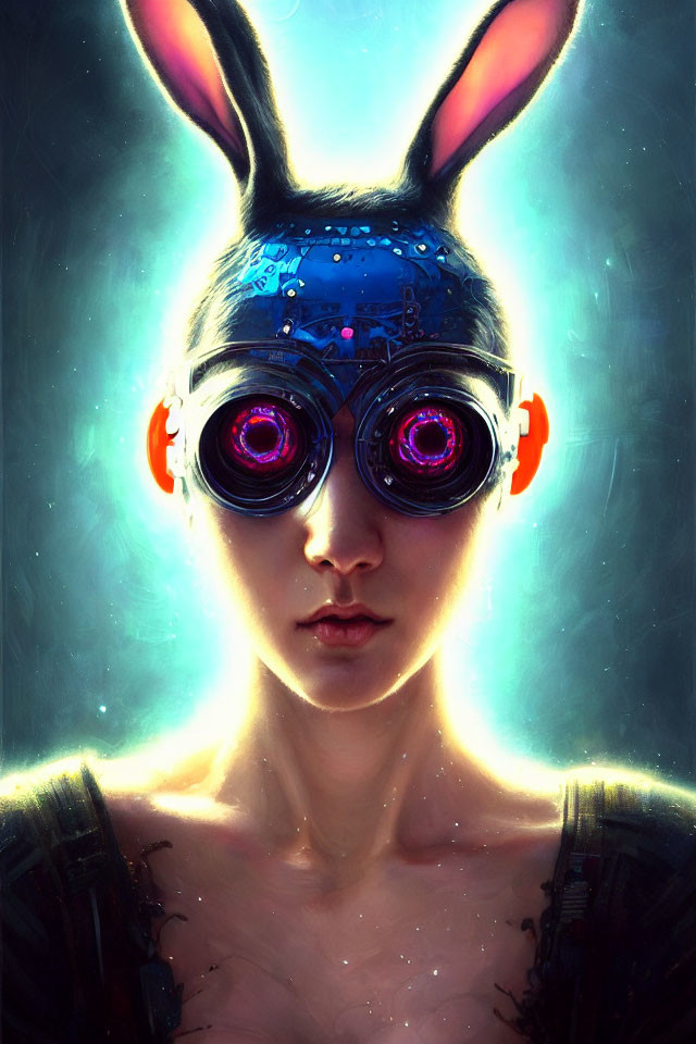 Person with Rabbit Ears and Pink Glowing Goggles on Blue Background