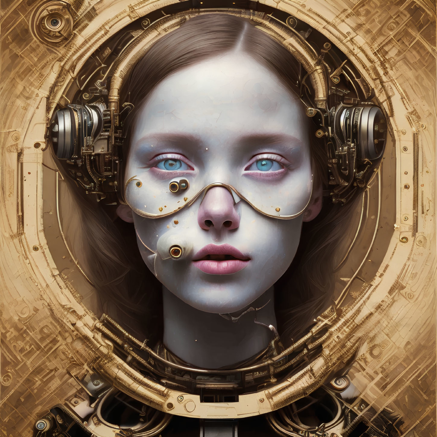 Steampunk-style digital artwork of a woman with mechanical parts and golden backdrop.