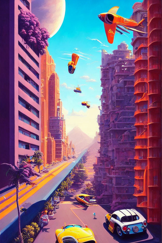 Futuristic cityscape with flying cars, skyscrapers, moon, and colorful sunset sky