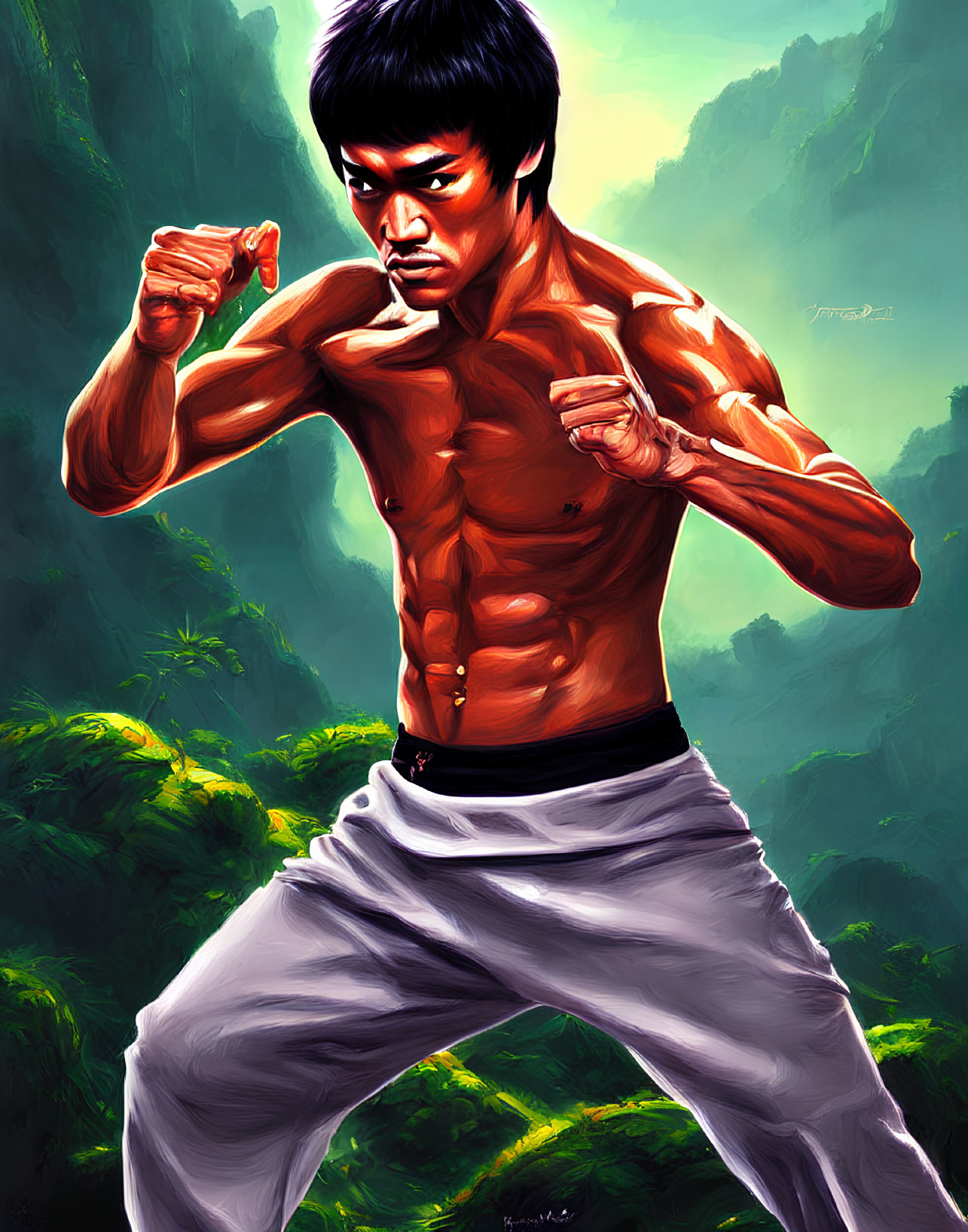 Shirtless martial artist in fighting stance against lush backdrop