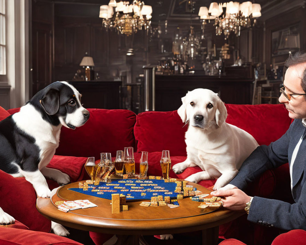 Man playing board game with dogs on couch and currency notes on table