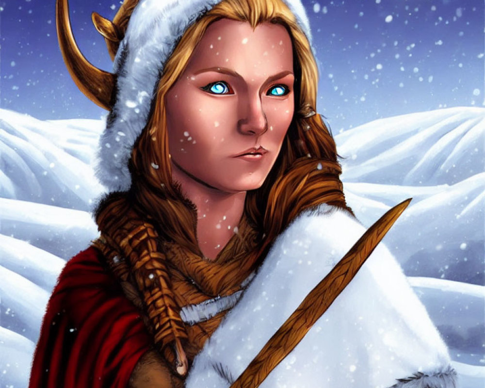 Digital illustration: Woman with blue eyes and blond hair in winter setting with fur-lined cloak, spear,