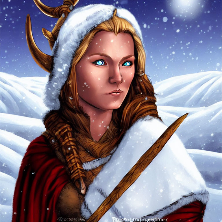 Digital illustration: Woman with blue eyes and blond hair in winter setting with fur-lined cloak, spear,