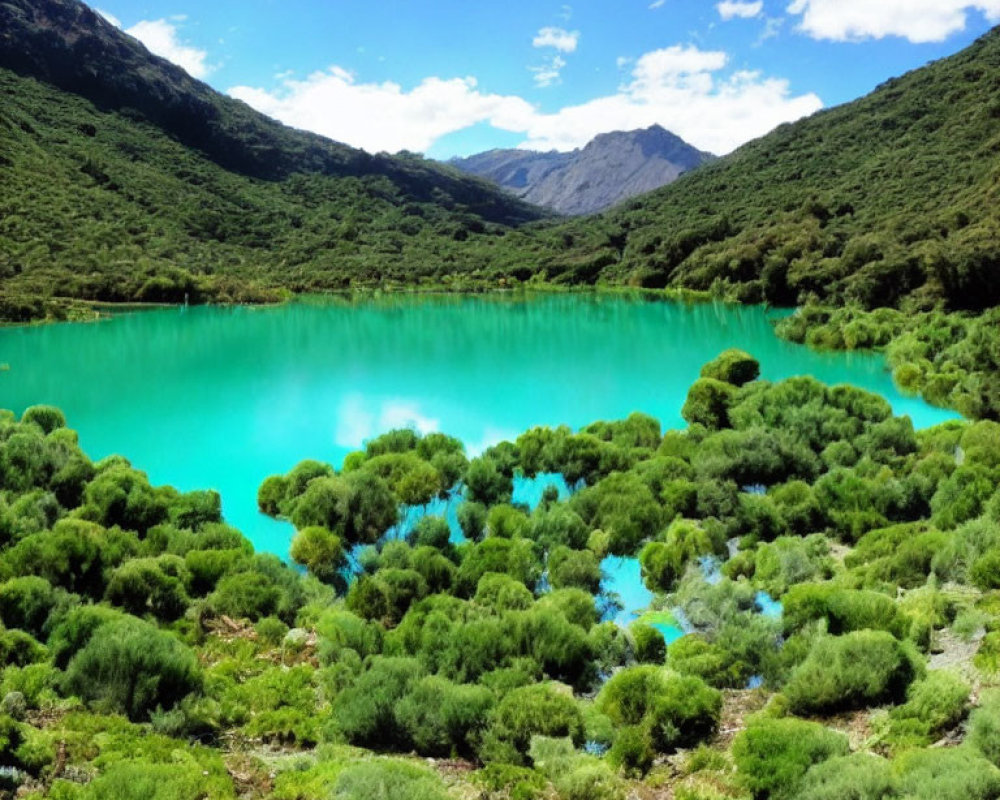 Scenic turquoise lake with green shrubbery and mountains under cloudy sky