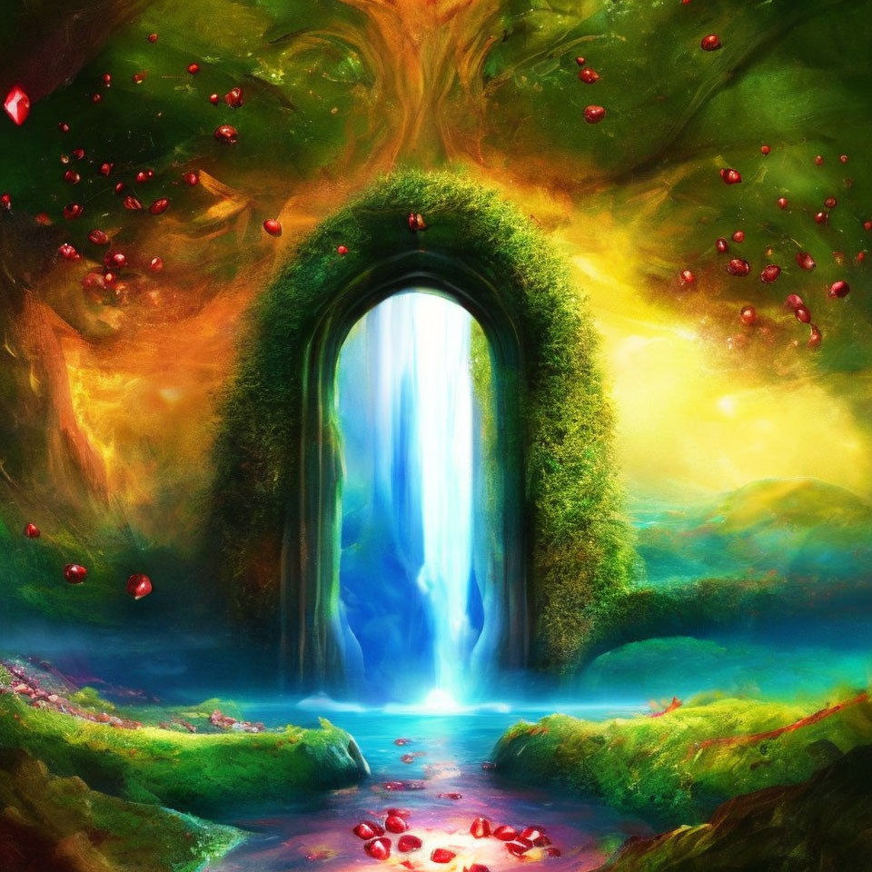 Lush Green Tree Arch Frames Waterfall in Fantasy Landscape