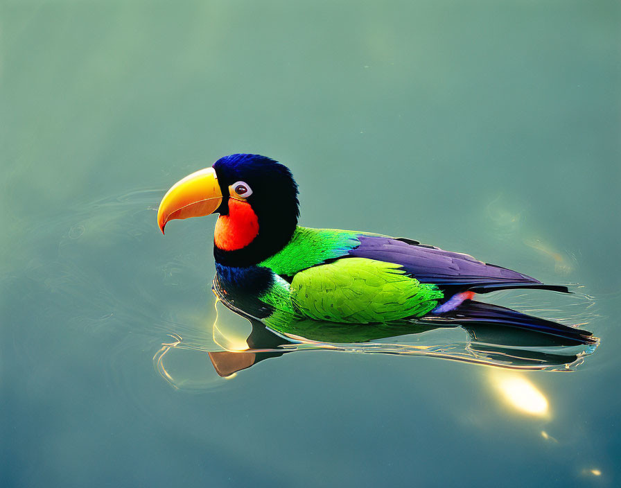 Vibrant toucan with colorful plumage on calm water