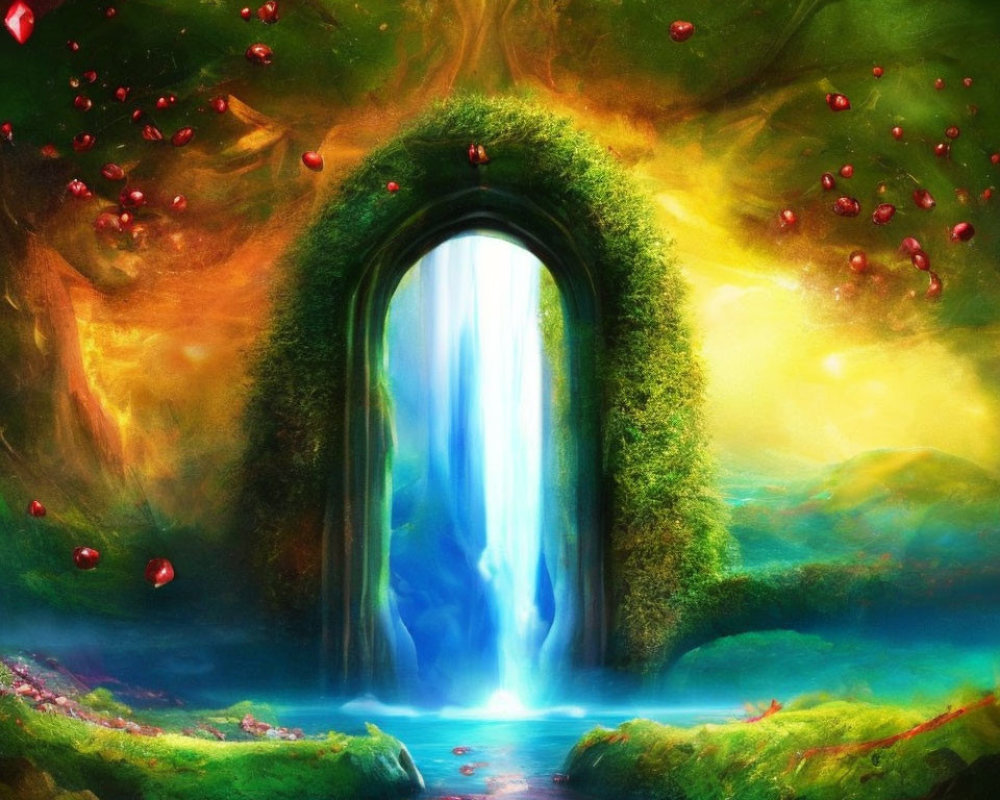 Lush Green Tree Arch Frames Waterfall in Fantasy Landscape