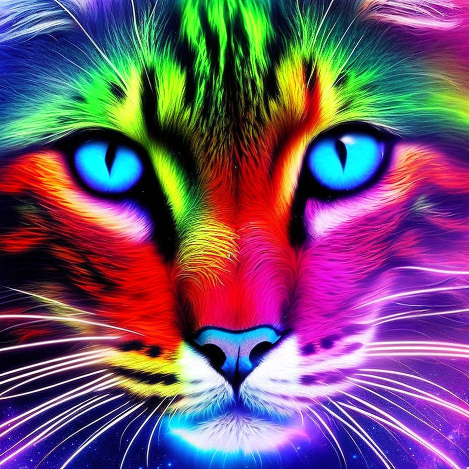 Colorful Neon Rainbow Cat Face Artwork with Blue Eyes