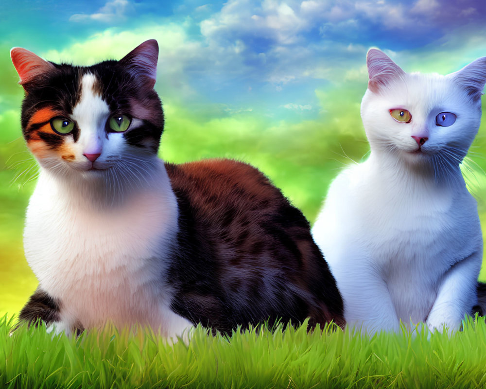 Colorful Cats with Striking Eyes Sitting on Grass Under Vibrant Sky